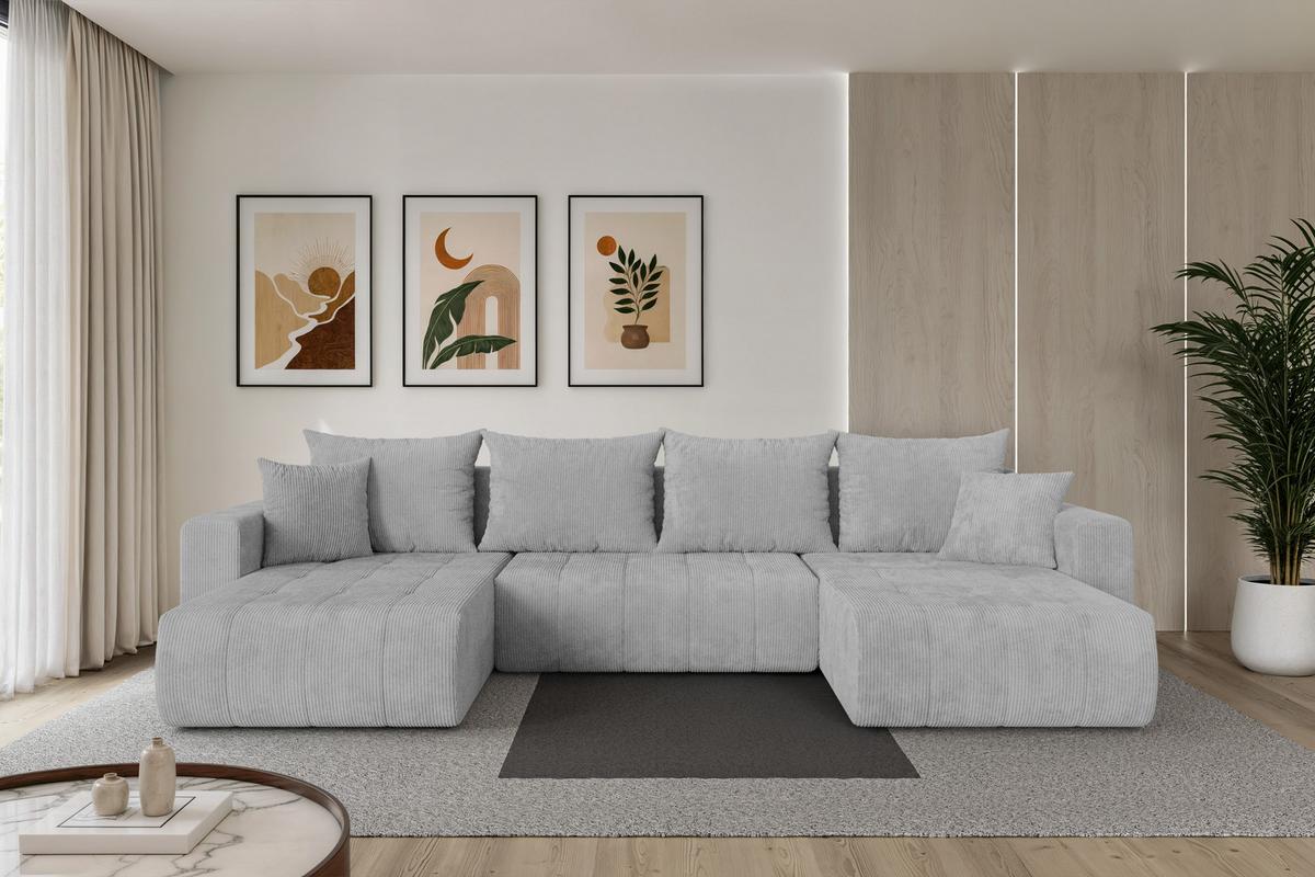 WOHNLANDSCHAFT mit Schlaffunktion und Bettkasten MILA-U 378x194x86 Grau Cord - Schwarz/Grau, Holzwerkstoff/Kunststoff (378/86/194cm) - ALTDECOR
