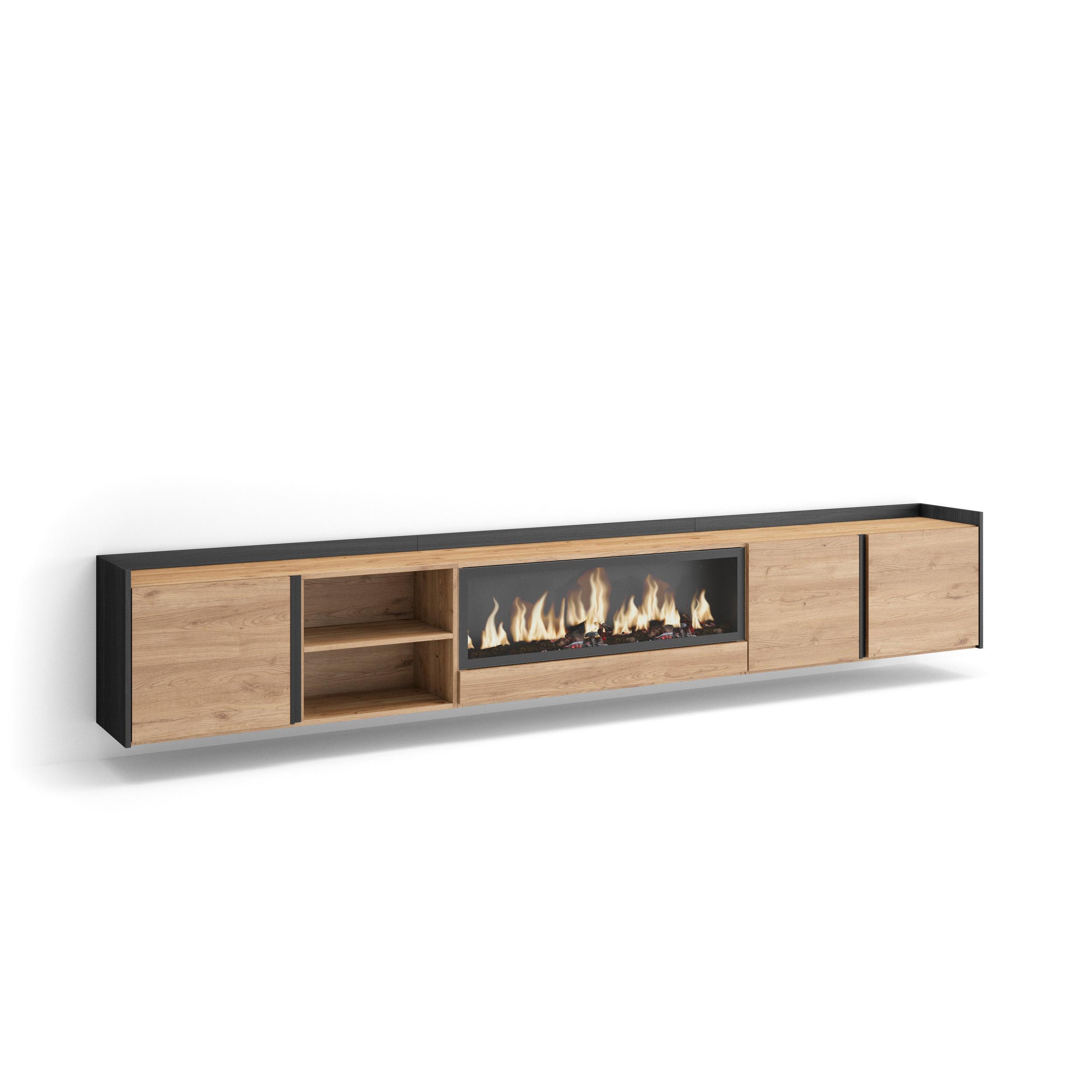 LOWBOARD, Eiche und Schwarz, 315/35/50cm, Kamin mit Feuereffekt XXL - Eichefarben, Holzwerkstoff (315/50/35cm) - Skraut Home