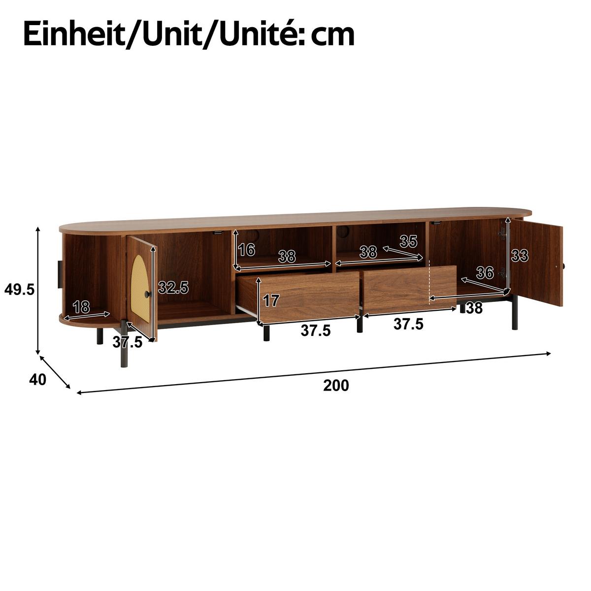 TV-LOWBOARD in holzoptik mit rattan, ovale form und viel stauraum - Walnussfarben, Holzwerkstoff (200/49.5/40cm) - Urban Meuble
