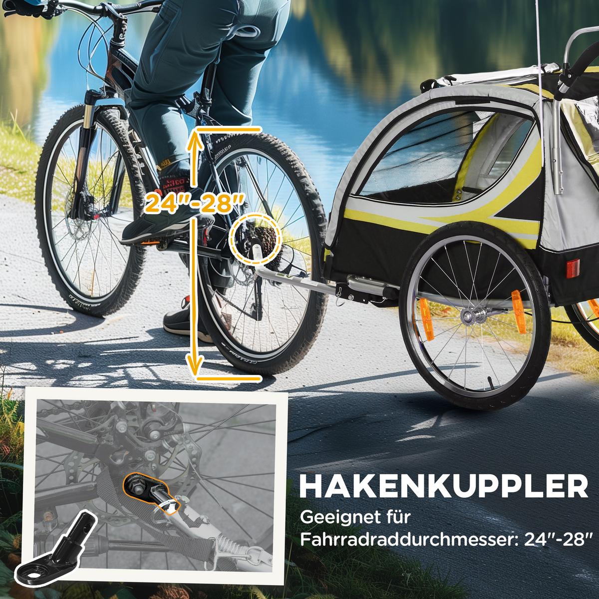FAHRRADANHÄNGER für 2 Kinder, Schiebefunktion, Regenschutz, Gelb - Gelb/Schwarz, Kunststoff/Metall (75/101/142cm) - HOMCOM