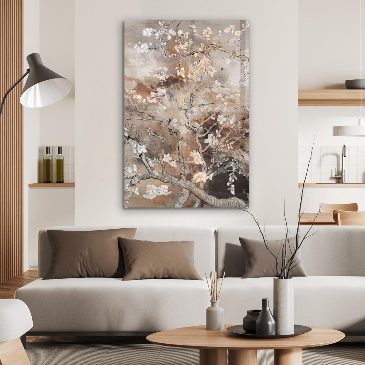 ACRYLGLASBILD Mandelblüte - Kunst - Van Gogh - Beige - Abstrakt 80x120 cm - Braun, Glas (80/120cm) - MuchoWow