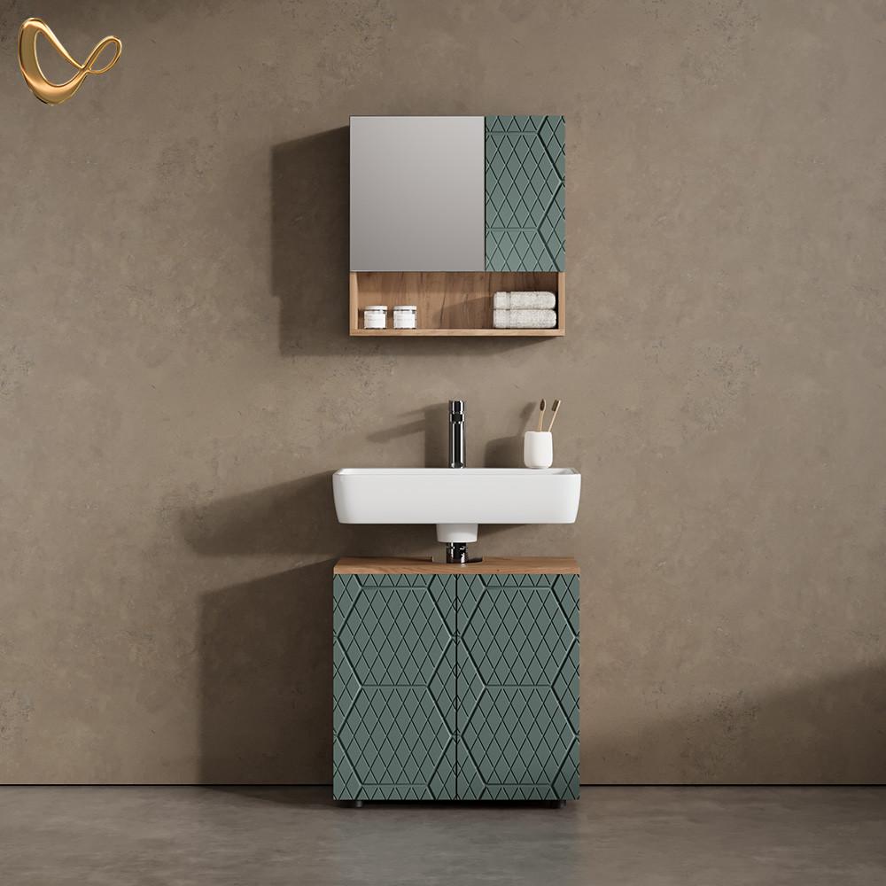 BADMÖBEL-SET Ronco Grün/Goldkraft Eiche 2 Teile, Unterschrank 60 cm - Honigeiche/Grün, Holzwerkstoff (60/59/30cm) - Livinity®