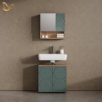 BADMÖBEL-SET Ronco Grün/Goldkraft Eiche 2 Teile, Unterschrank 60 cm - Honigeiche/Grün, Holzwerkstoff (60/59/30cm) - Livinity®
