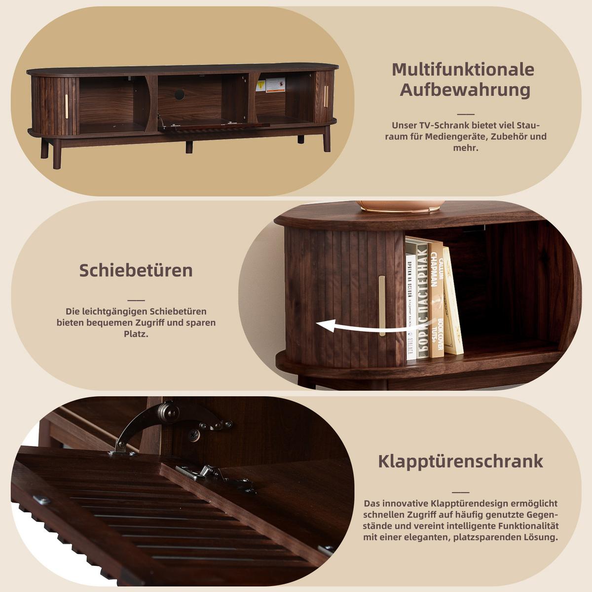 LOWBOARD Walnuss Mit Schiebetüren Und Rollfront - Walnussfarben, Holzwerkstoff (165/46/40cm) - Urban Meuble