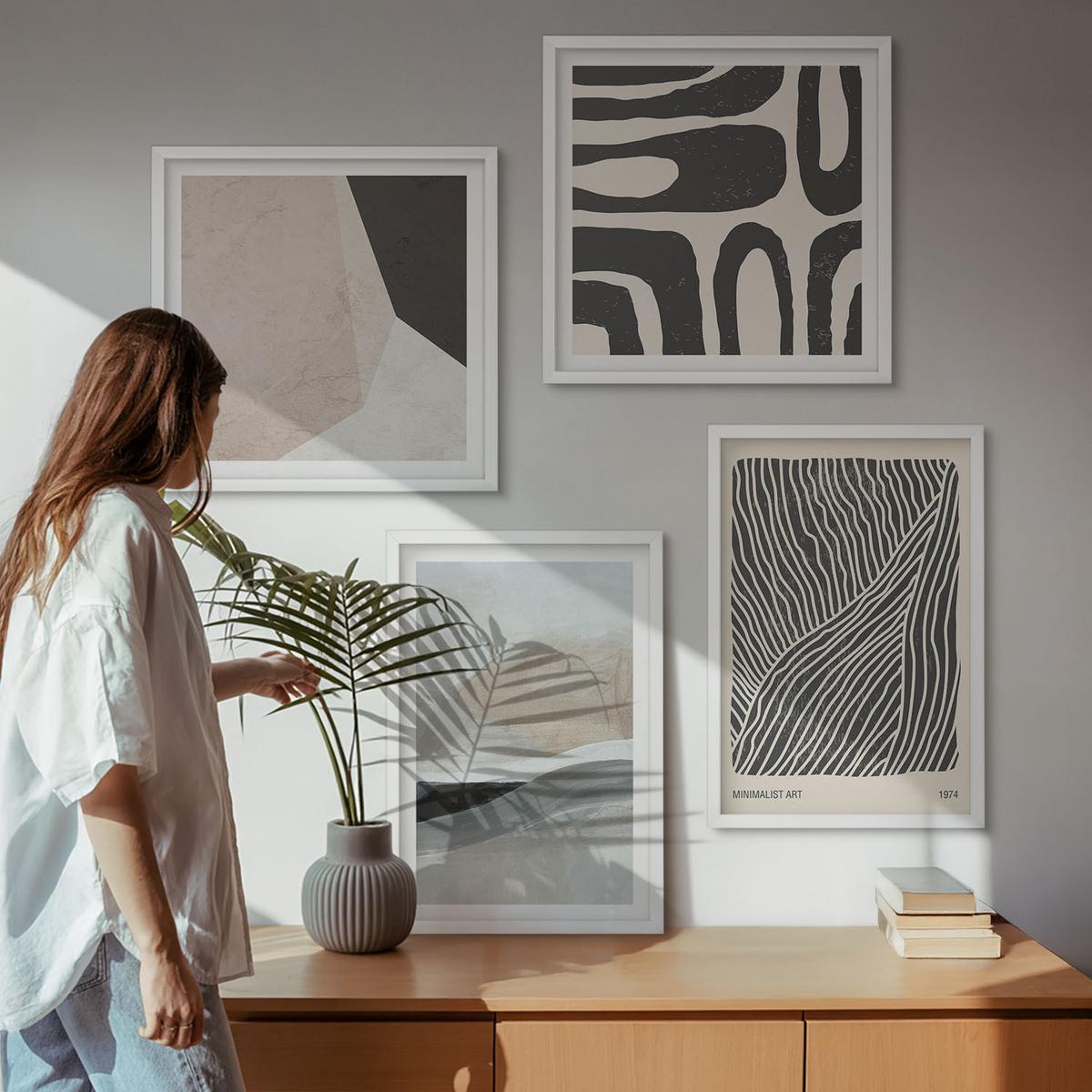 BILDER SET 4er Set - 50x50 cm & 40x60 cm Weißer Rahmen - Abstrakte Boho-Dekorationsmuster - Weiß, Kunststoff (50/50cm) - TULUP