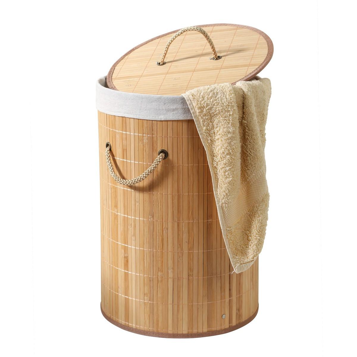 WÄSCHEKORB aus Bambus rund 60l - 40/40/50 cm - Eschefarben, Holzwerkstoff (40/50/42cm) - Calicosy