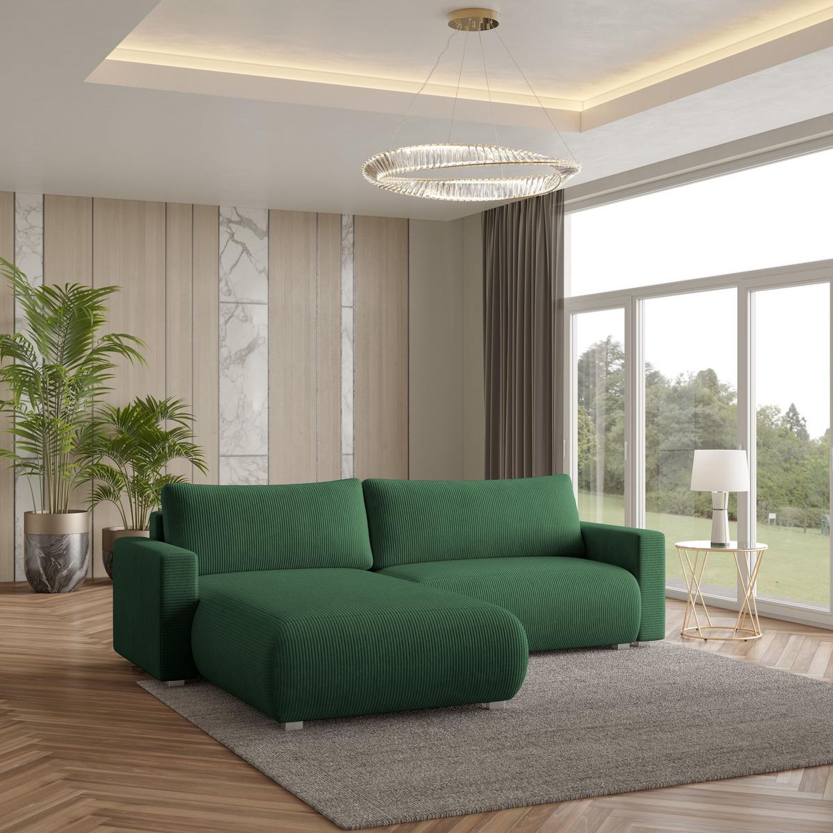 ECKSOFA TURIN P Grün Kordstoff mit Schlaffunktion - Grau/Grün, Holz/Kunststoff (265/183cm) - MASSENO