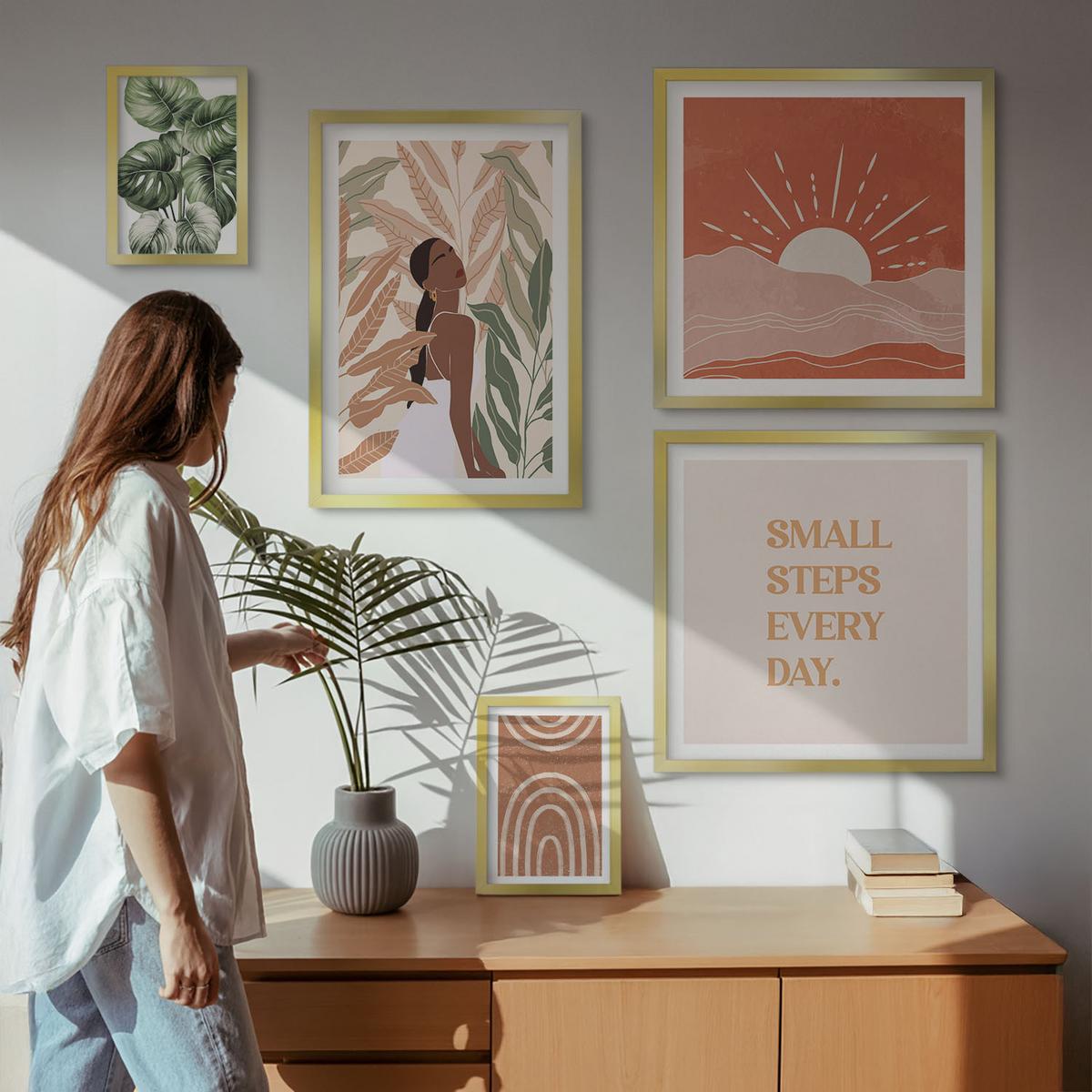 BILDER SET 5er Set - 50x50 cm & 20x30 cm & 40x60 cm Goldrahmen - abstrakte Formen im Boho-Stil - Goldfarben, Kunststoff (40/60cm) - TULUP