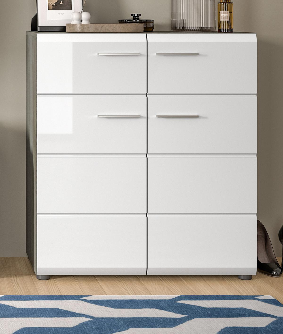 SCHUHSCHRANK weiß Hochglanz, grau 80 cm, Schuhkommode mit viel Stauraum - Weiß Hochglanz/Silberfarben, Holzwerkstoff/Kunststoff (80/90/37cm) - Inn.Furn