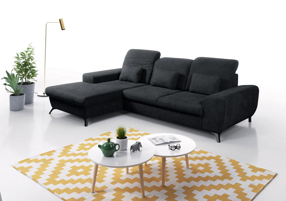 ECKSOFA LUCE L-S Anthrazit Plüsch-Stoff mit Schlaffunktion - Anthrazit, Holz (279/172cm) - MASSENO
