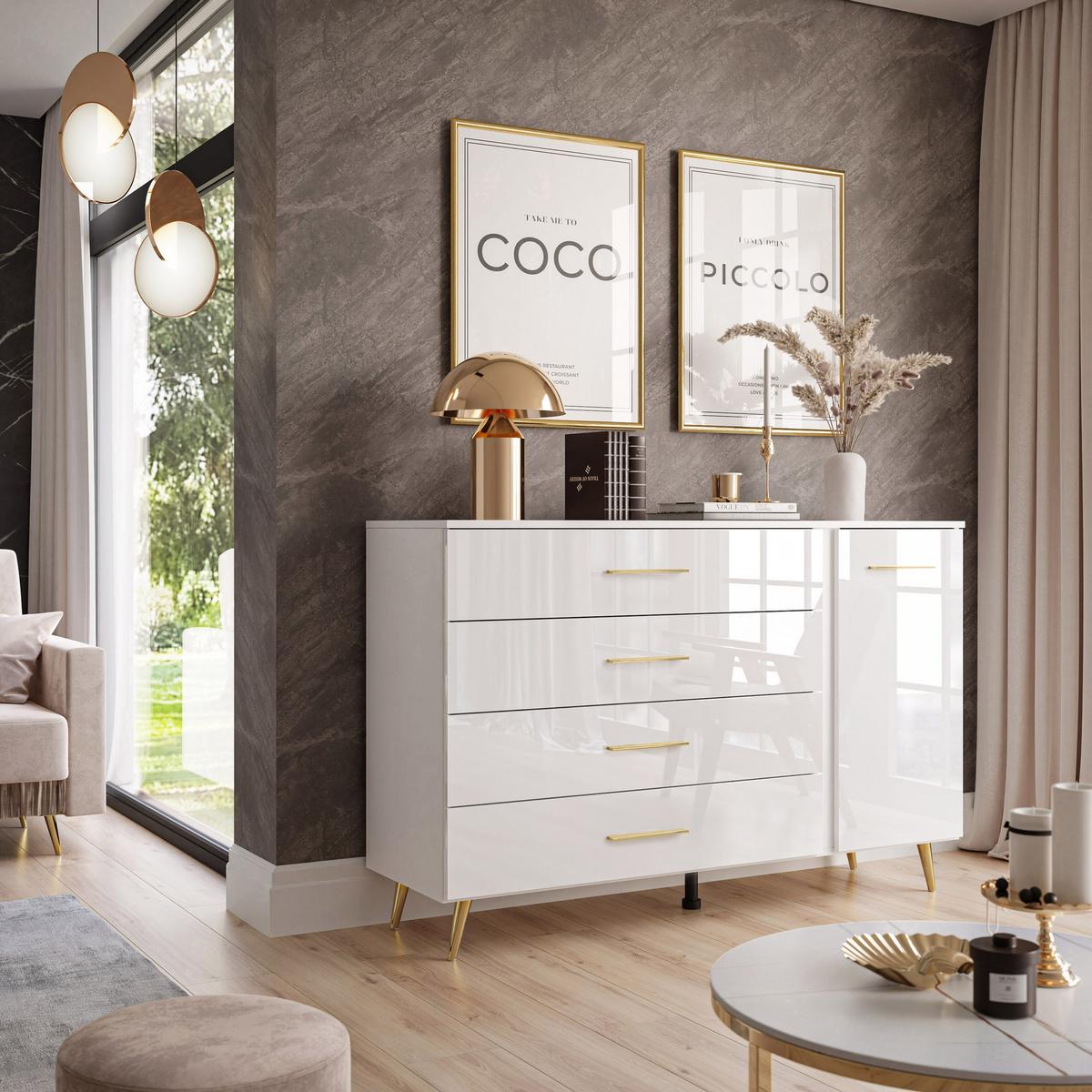 KOMMODE AURA II mit Griffen und LED-Beleuchtung Beinfarbe – Gold - Goldfarben/Weiß, Holzwerkstoff (138/90/40cm) - Lookway