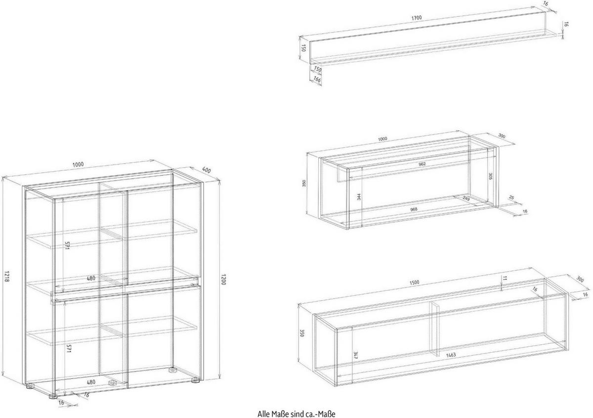 WOHNWAND weiß, Eiche Wotan 4-teilig 370 cm, Komplettset mit Sekretär - Eiche Wotan/Schwarz, Holz/Holzwerkstoff (370/170/40cm) - Furn.Design