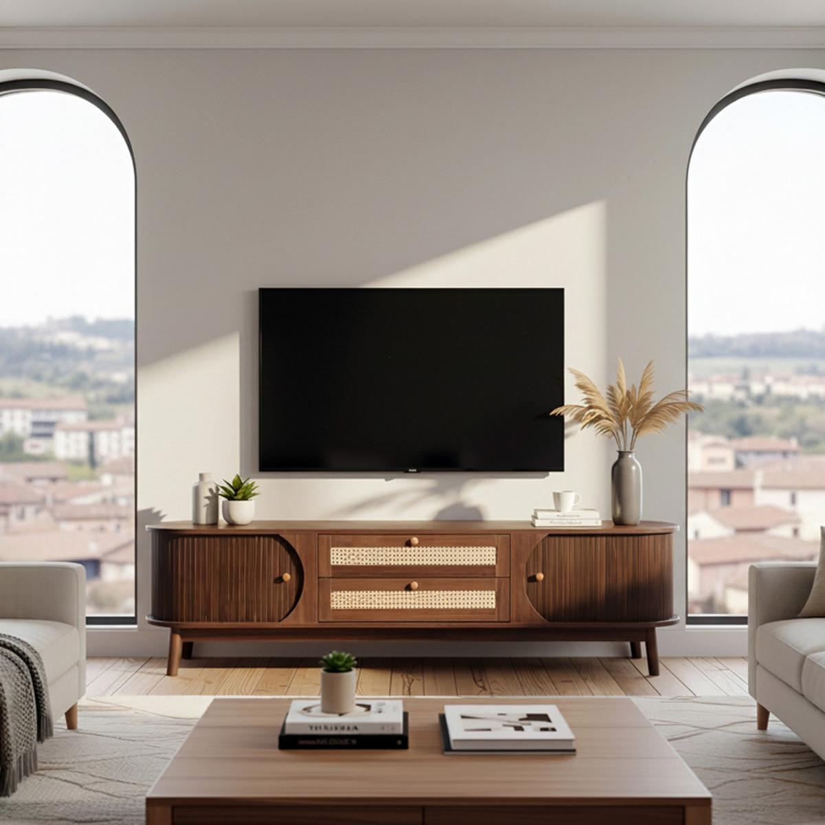 TV-SCHRANK Landhausstil Rattan-Front & Holztüren - Weiß, Naturmaterialen/Holzwerkstoff (170/46/40cm) - Urban Meuble