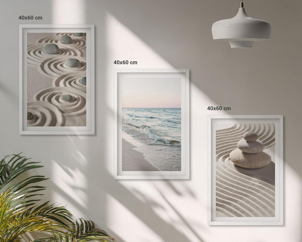 BILDER SET 3er Set - 40x60 cm Weißer Rahmen - Wellen, Sand, Wasser, Steine, Strand - Weiß, Kunststoff (40/60cm) - TULUP