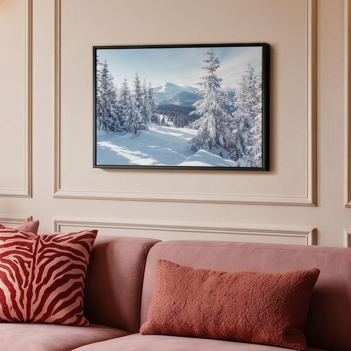 LEINWAND Bilder mit Rahmen - Winterlandschaft - Natur - Berge - Bäume - Schnee - 60x40 - Hellblau, Textil (60/40cm) - MuchoWow