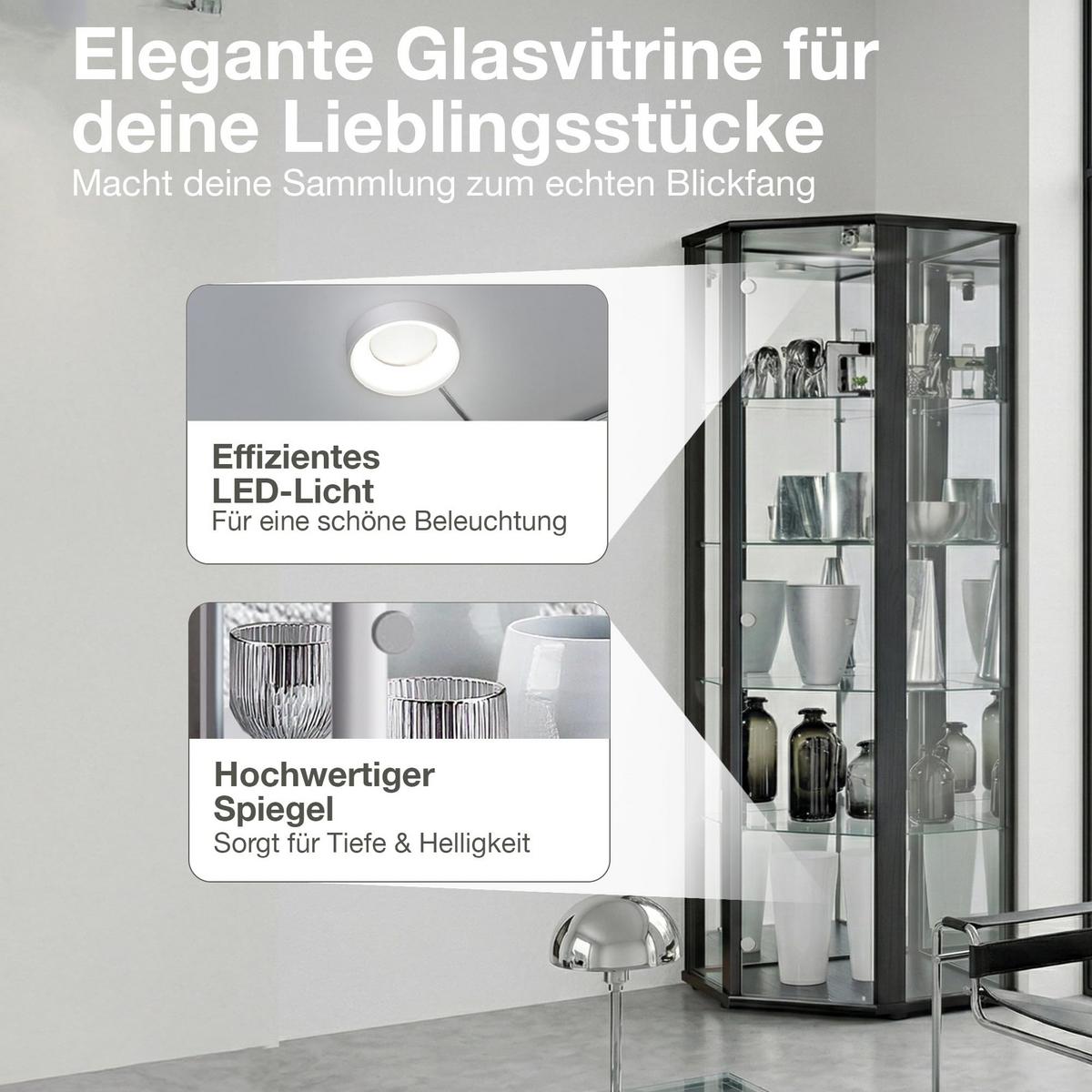 ECKVITRINE 56,5/56,5/176 cm mit Spiegel, LED & Schloss - Transparent/Silberfarben, Glas/Holzwerkstoff (56.5/176/56.5cm) - K-Möbel