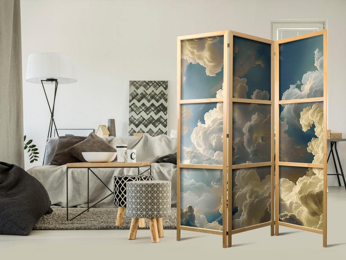 PARAVENT Japanischer 3-tlg 135x172 cm Malerische Wolken - Blau, Holz/Textil (135/172/3cm) - Muralo