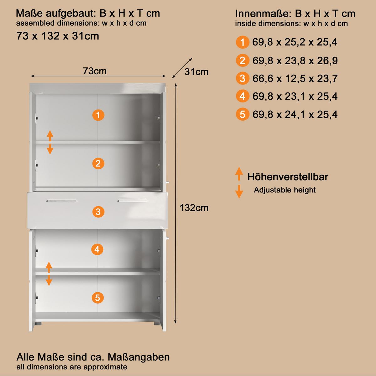 MIDISCHRANK weiß Hochglanz 73 x 132 cm, Badschrank in modernem Design - Weiß, Holzwerkstoff/Kunststoff (73/132/31cm) - Top.Furn