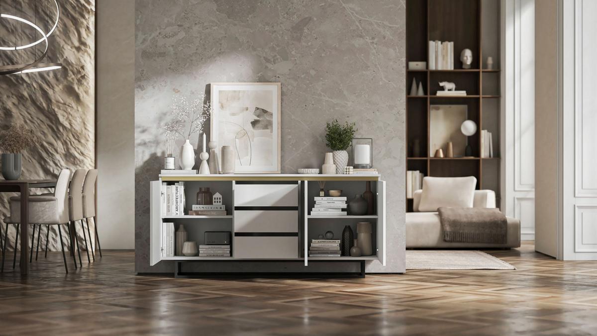 SIDEBOARD Selene 3D Weiß Matt mit metallrahmen Glamour 167 cm - Schwarz/Weiß, Holzwerkstoff/Metall (167/79/35cm) - Meble Lindner