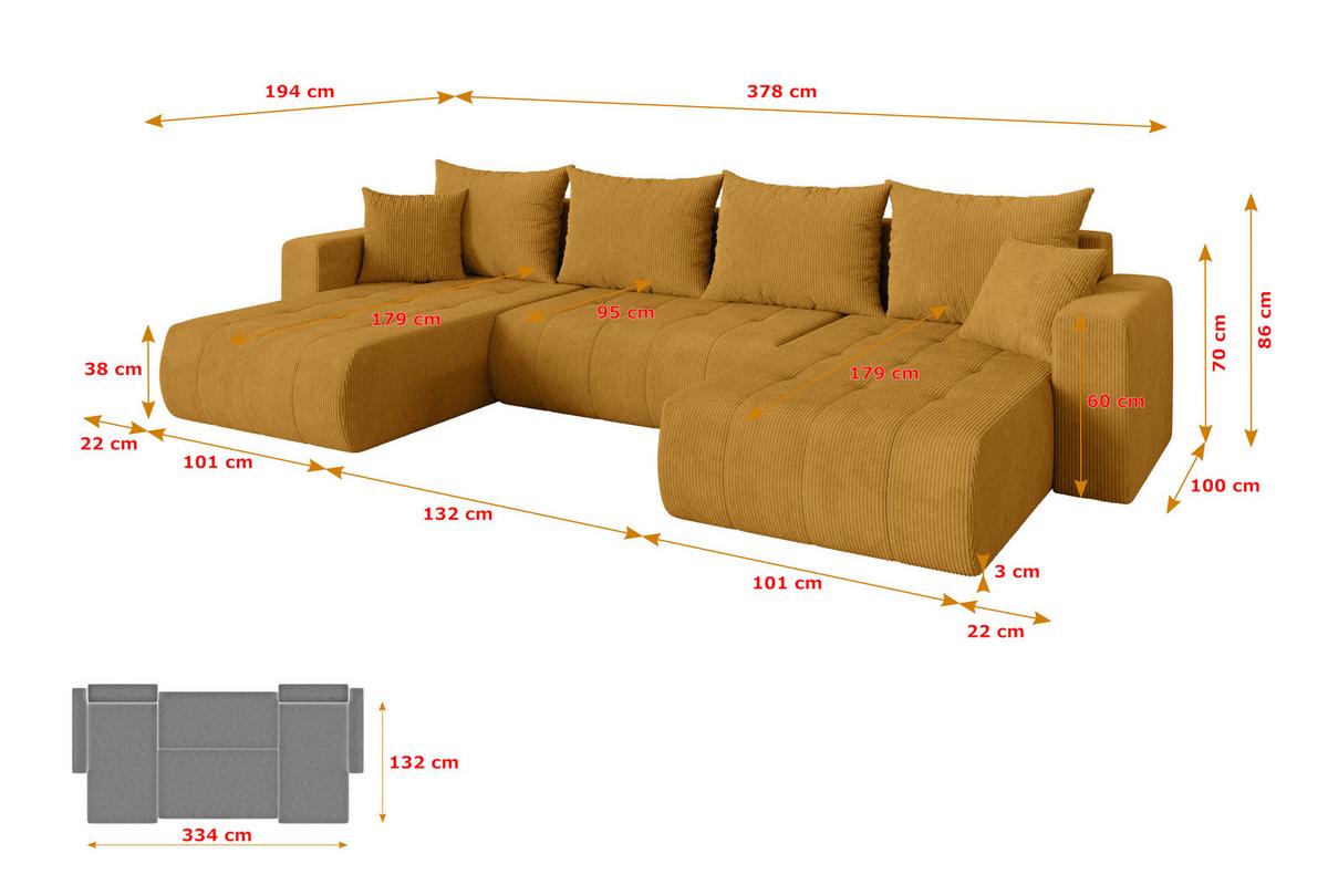 WOHNLANDSCHAFT mit Schlaffunktion und Bettkasten MILA-U 378x194x86 Senfgelb Cord - Dunkelgelb/Schwarz, Holzwerkstoff/Kunststoff (378/86/194cm) - ALTDECOR