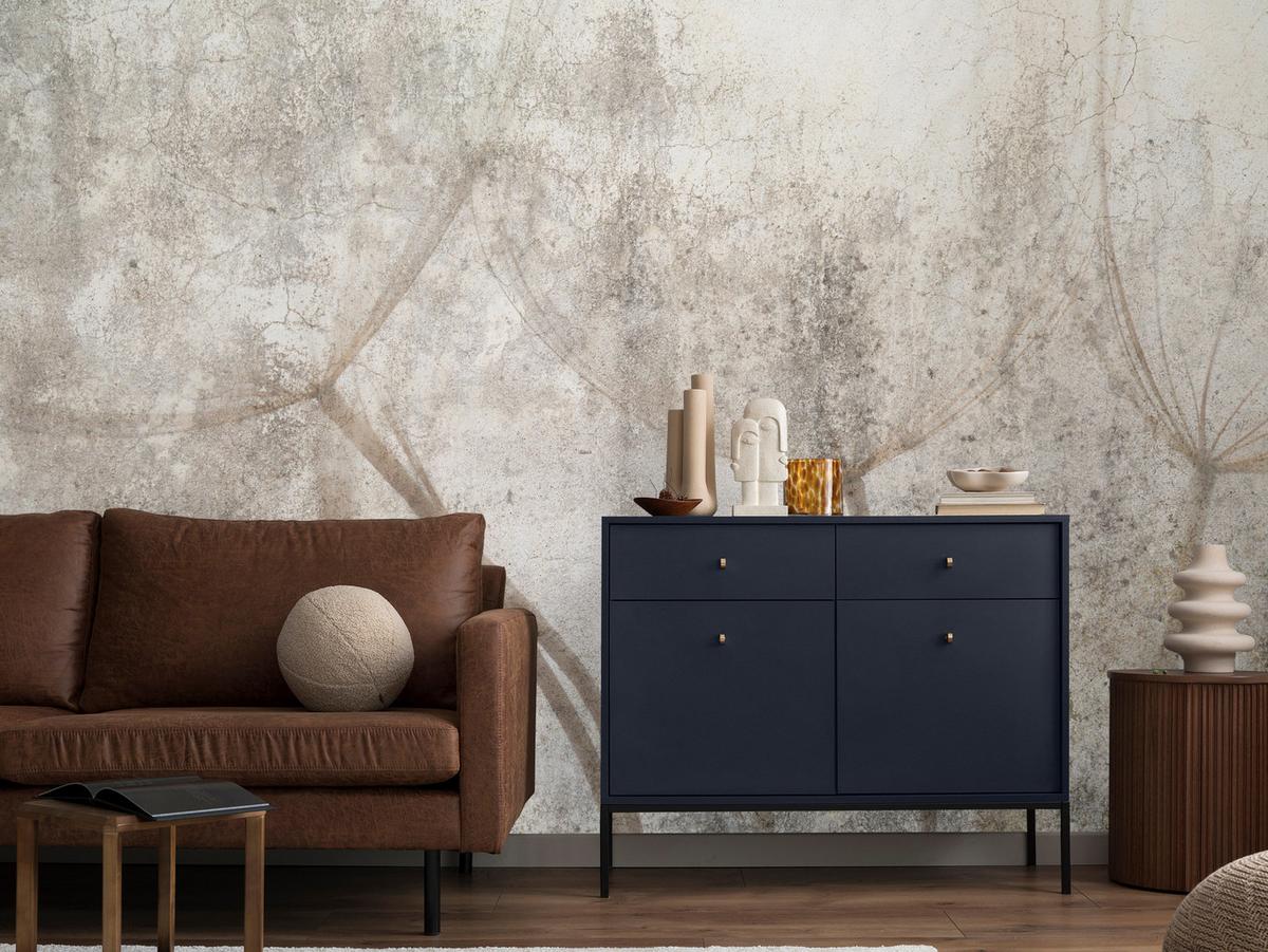 FOTOTAPETE für Wohnzimmer Zarter Skizze Löwenzahn Grauer Beton Minimalistisch 150x105 - Beige/Braun, Papier (150/105cm) - Muralo