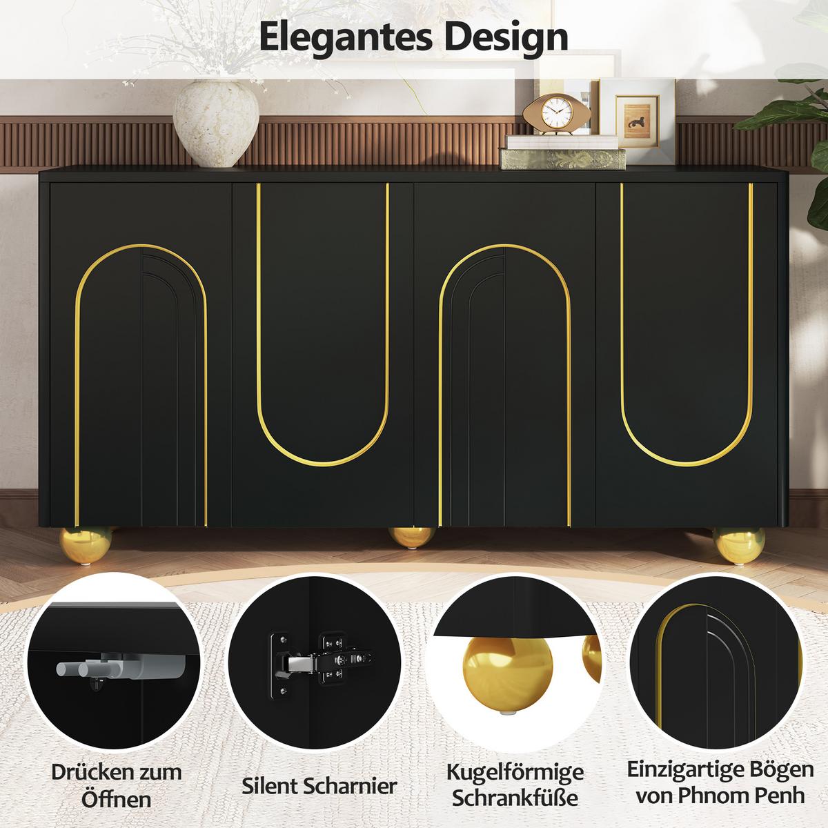 SIDEBOARD 140cm Schwarz mit Gold-Bogen-Dekor, 4 Türen & Kugel-Füßen - Schwarz, Holzwerkstoff (140/74/40cm) - Urban Meuble