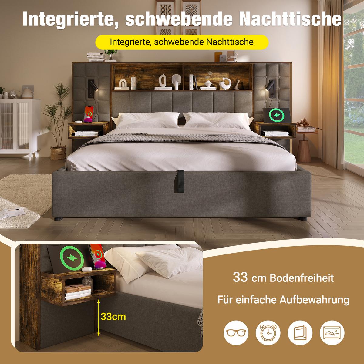 POLSTERBETT 160x200 mit Stauraum LED Nachttische USB Leinen - Grau, Textil (160/200cm) - Urban Meuble