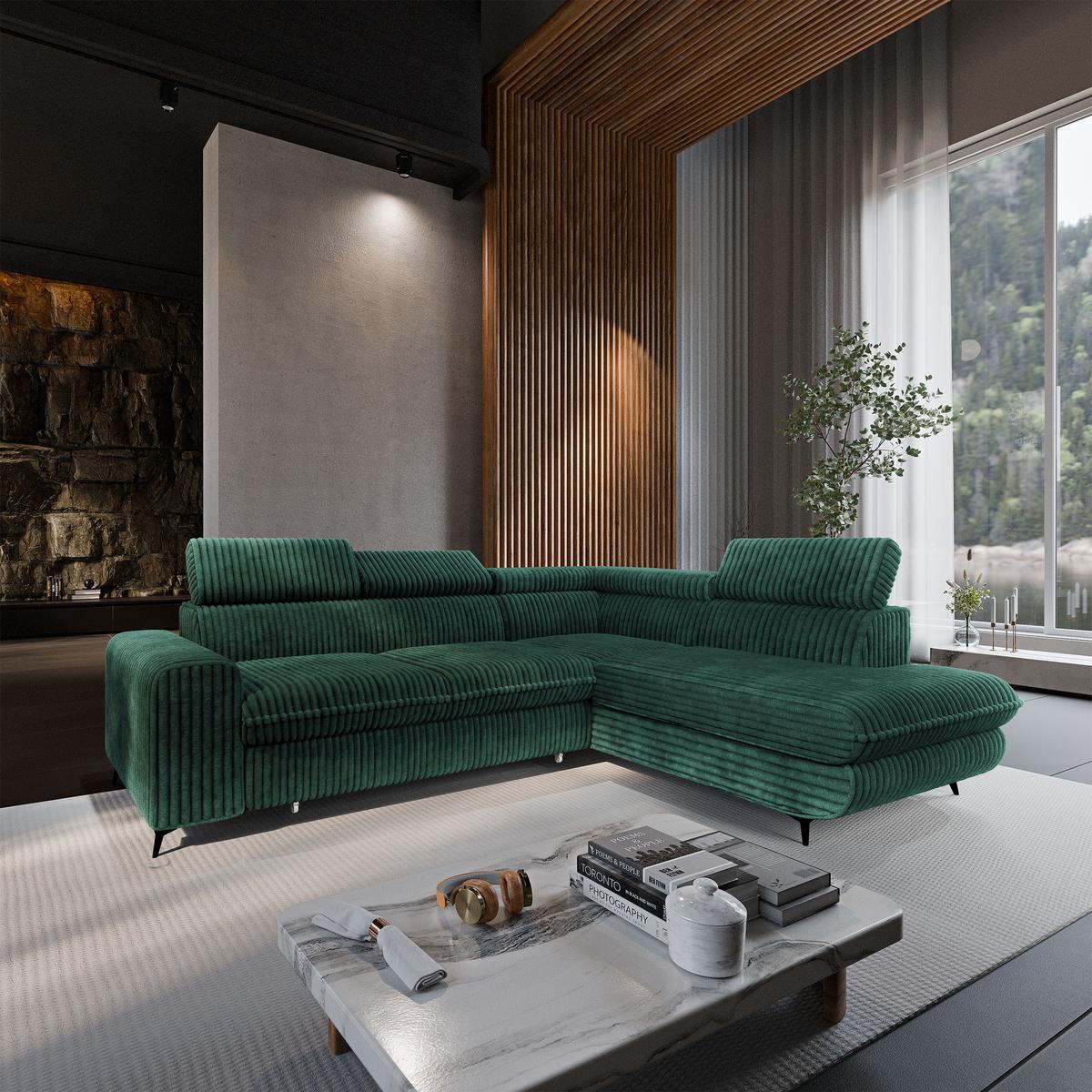 ECKSOFA VELISS Grün Kordstoff mit Schlaffunktion - Grün, Holz (255/193cm) - MASSENO