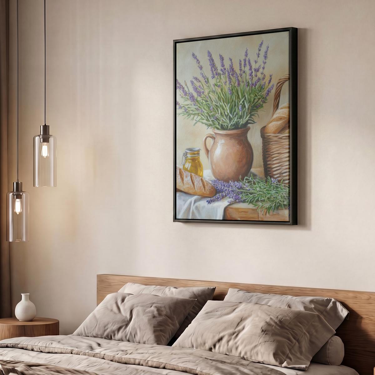 LEINWAND Bilder mit Rahmen - Lavendel - Brot - Stilleben - 60x80 - Flieder, Textil (60/80cm) - MuchoWow