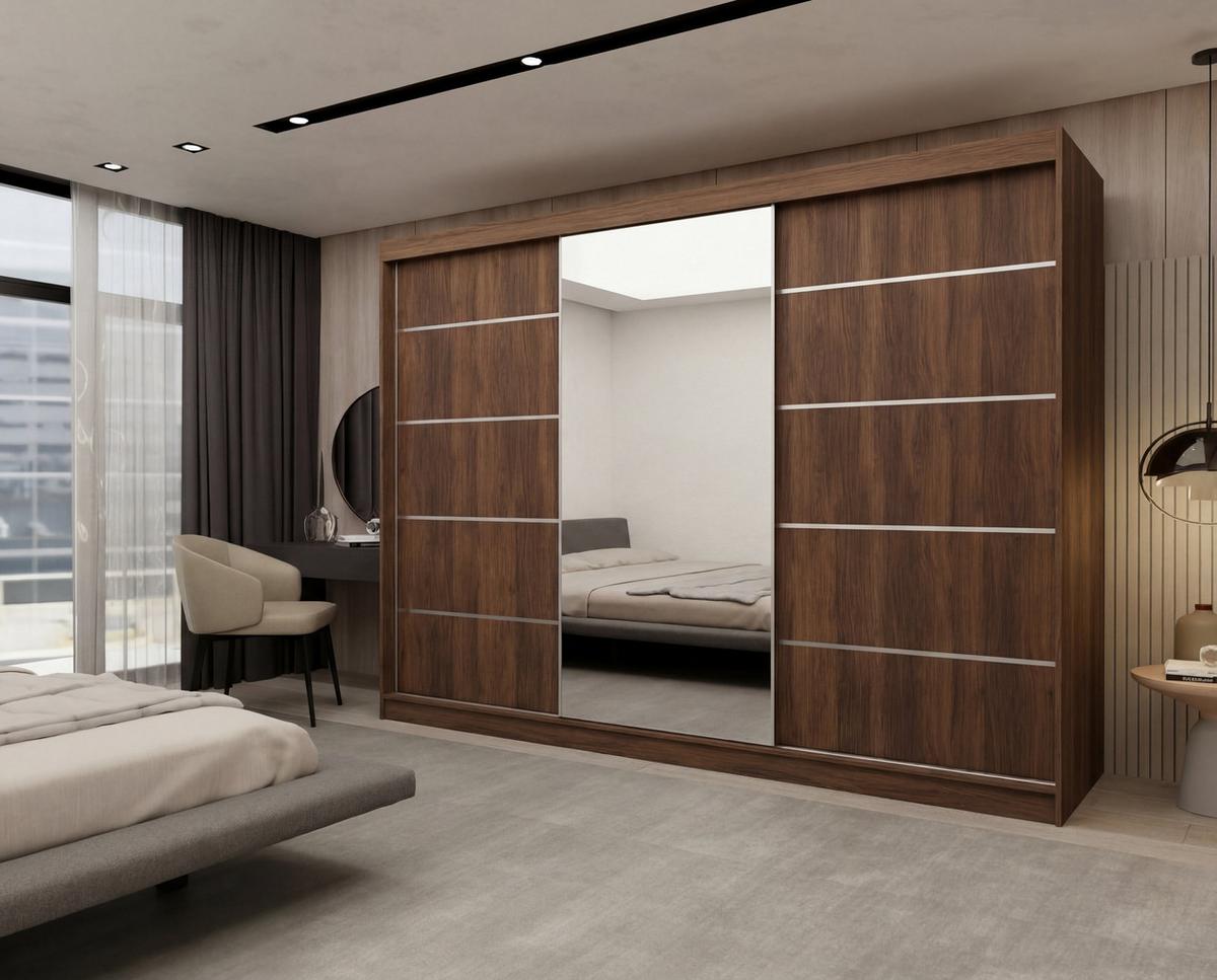 SCHWEBETÜRENSCHRANK MIRELLA 240/216/61 cm Modern Kleiderschrank 3-türig mit Spiegel Nussbaumfarben - Nussbaumfarben, Holzwerkstoff (240/216/61cm) - MASSENO