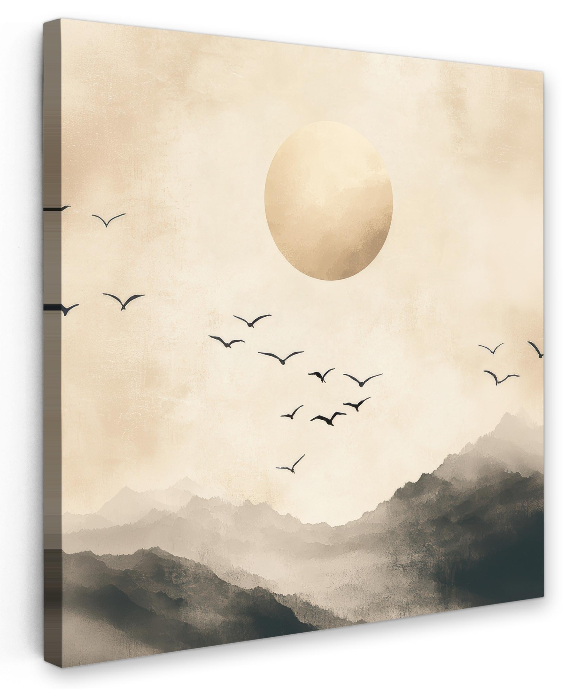 LEINWANDBILD Landschaft - Japandi - Vogel Deko Wohnzimmer 20x20 cm - Beige, Textil (20/20cm) - MuchoWow