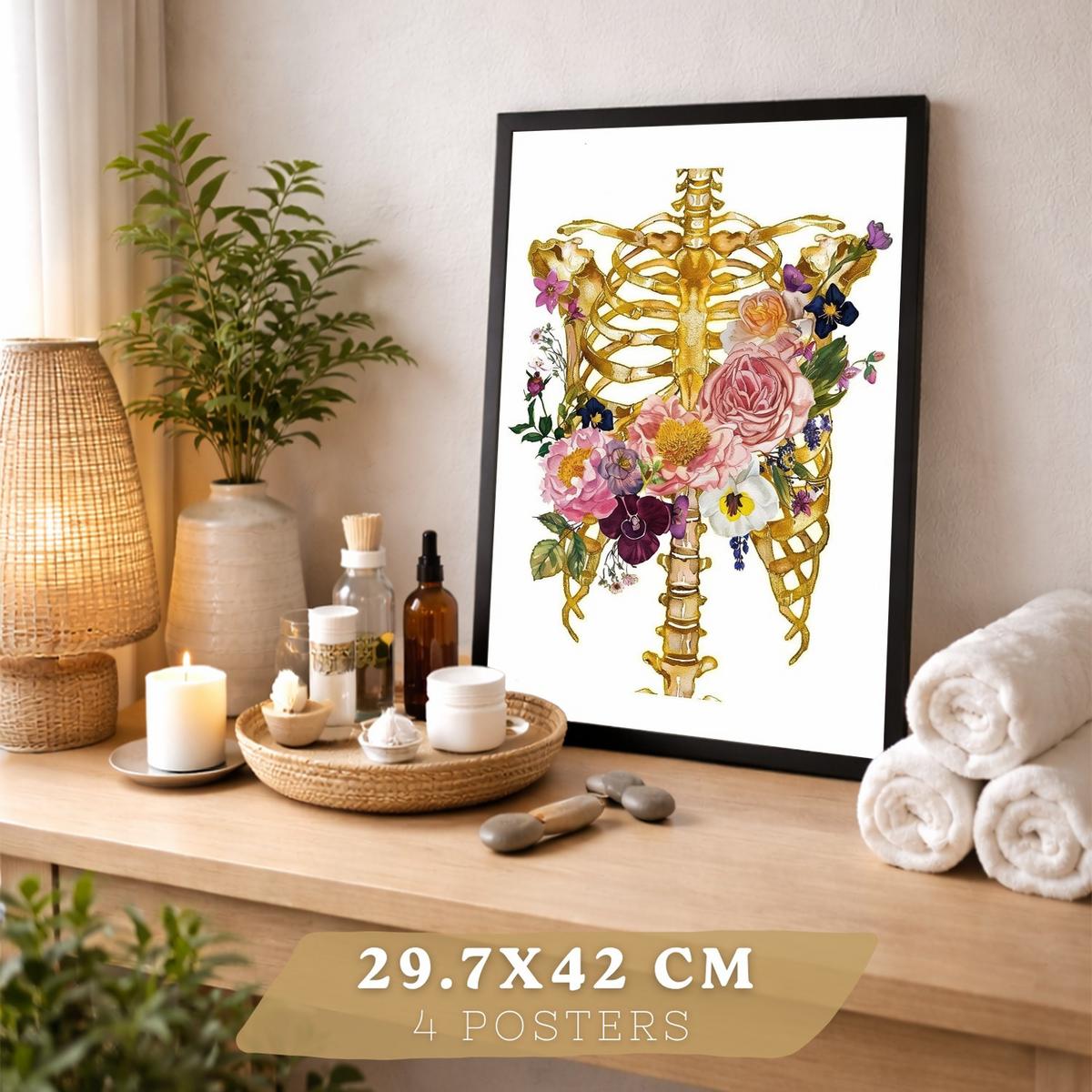 POSTER Set aus 4 Anatomie Mensch Drucke und Wandbilder mit Schädel Skelett Herz und Goldene Lungen Wanddekoration Größe Schwarzer Rahmen A3 - Schwarz, Papier (29.7/42/3cm) - Nacnic