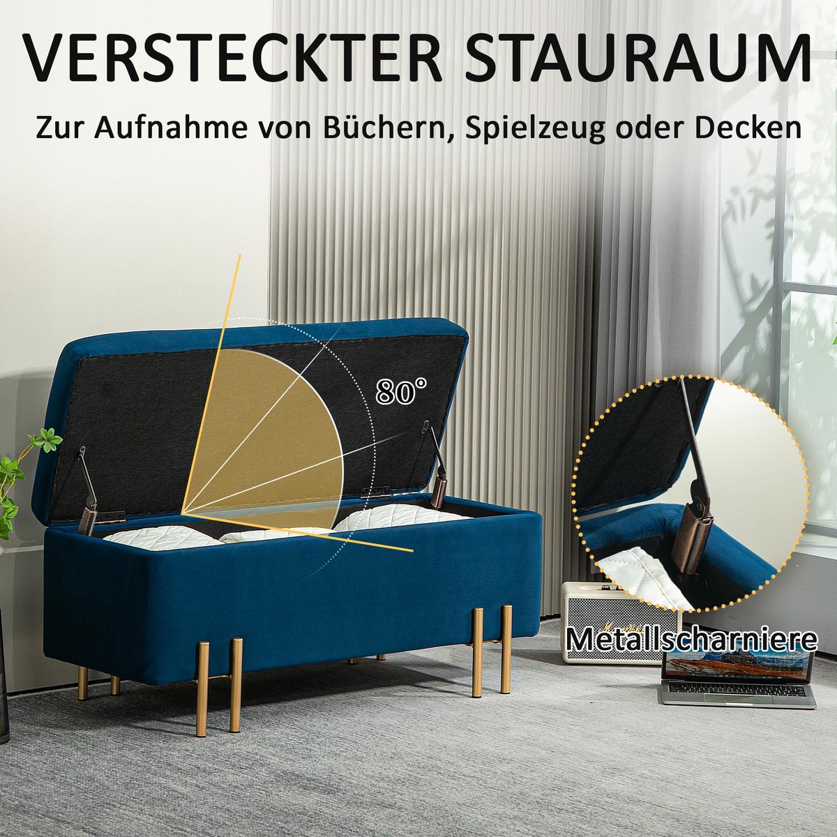 TRUHENBANK Metall, Kautschukholz, Schaumstoff Dunkelblau - Blau, Textil (40/42/100cm) - HOMCOM