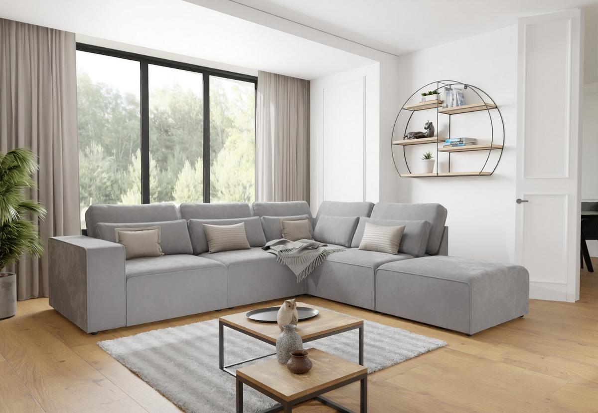 ECKSOFA modularer Leox Hellgrau Samt-Stoff - Hellgrau/Schwarz, Kunststoff/Textil (305/281cm) - S-Style