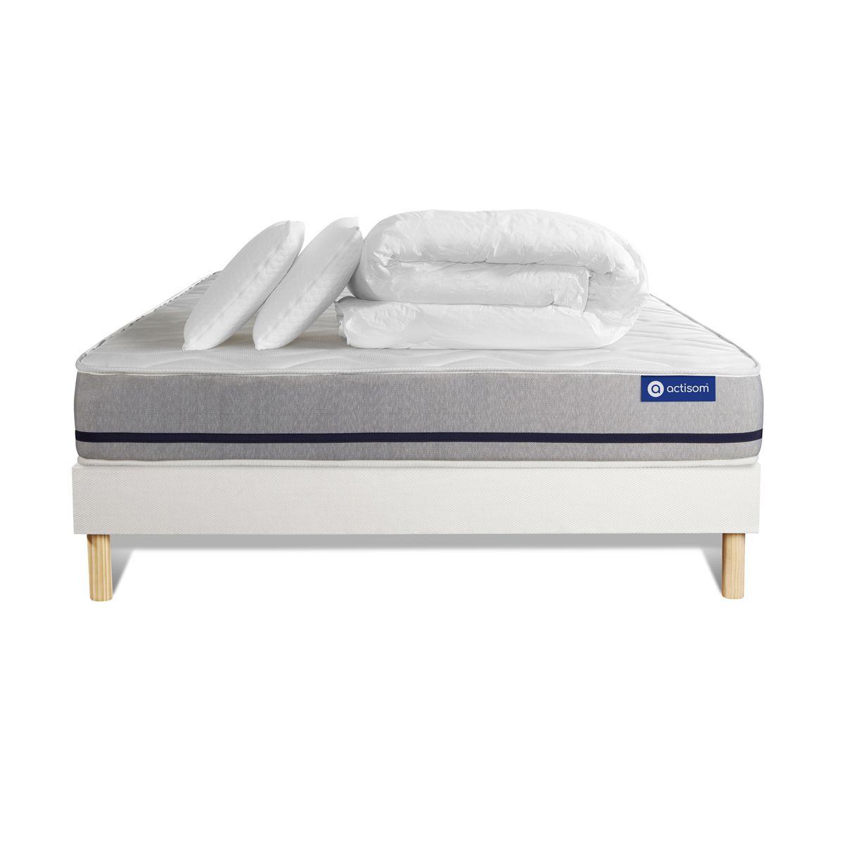 BETT Actimemo soft Memory-Schaum 160 x 200 cm h2 - Kit Bettgestell Weiß - Mit Kissen und Bettdecke - Beige/Weiß, Karton/Holz (160/200cm) - ACTISOM