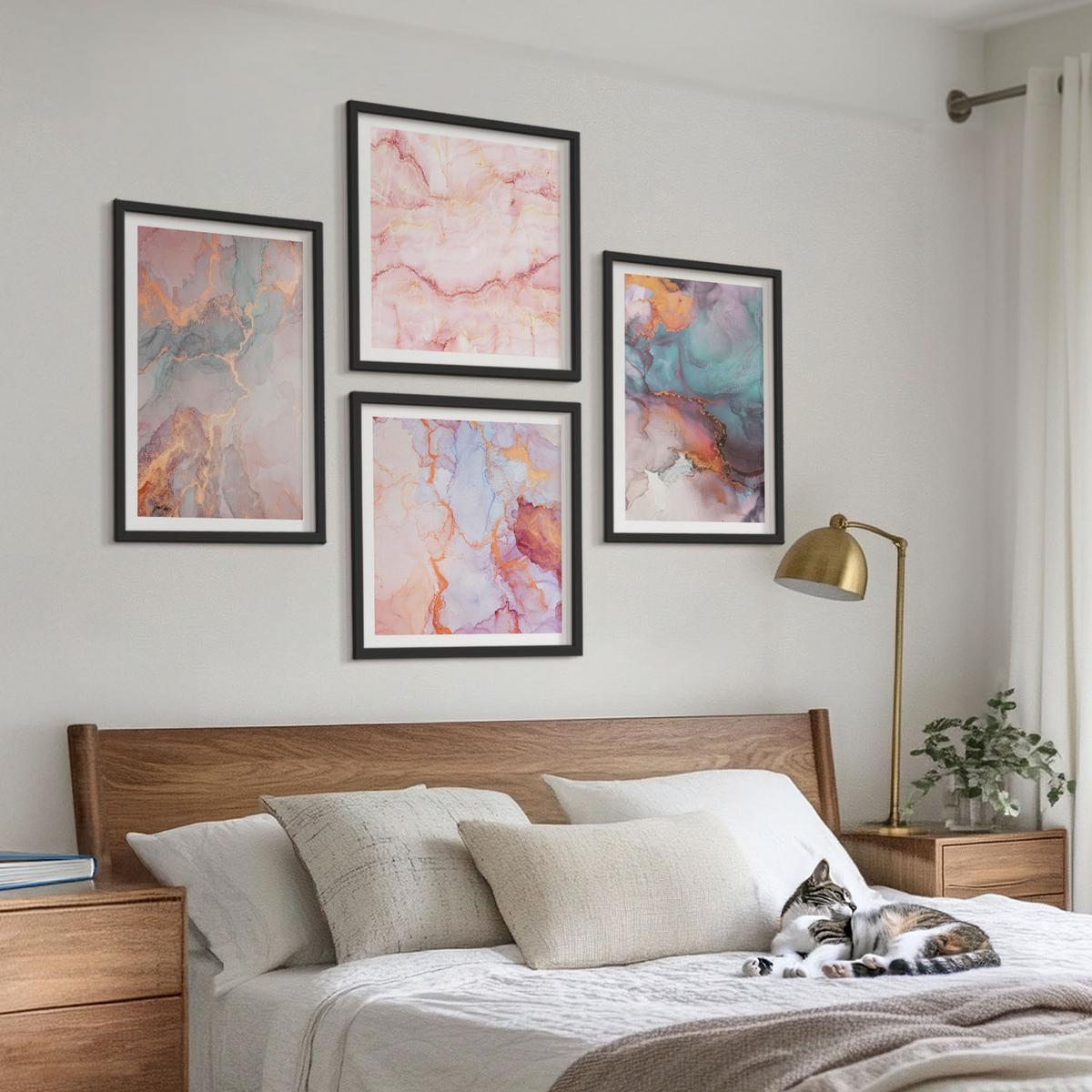 BILDER SET 4er Set - 50x50 cm & 40x60 cm Schwarzer Rahmen - Abstrakte Pastellmuster - Schwarz, Kunststoff (50/50cm) - TULUP