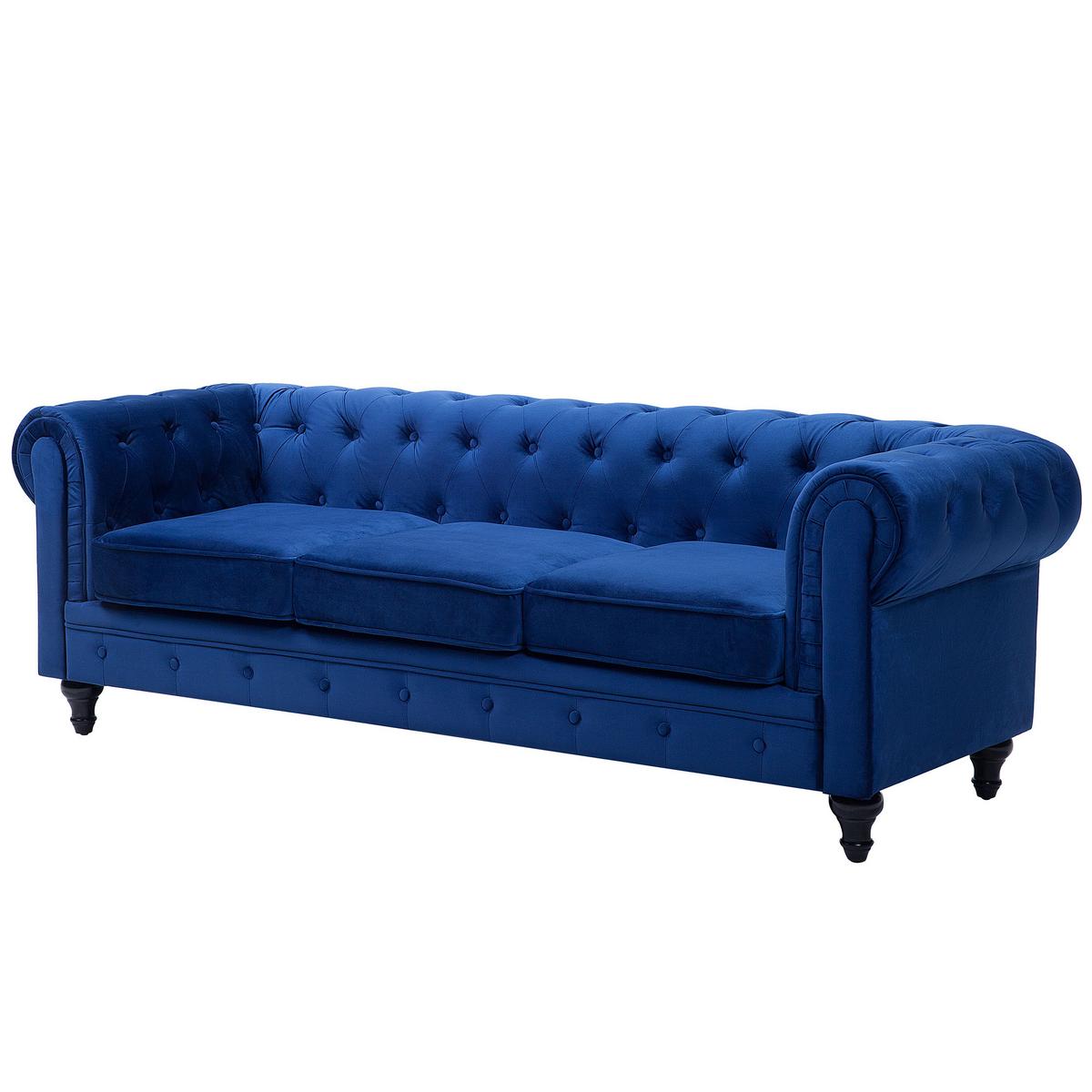 3-SITZER-SOFA Samtstoff Kobaltblau Chesterfield - Hellblau, Textil (201/70/75cm) - Beliani