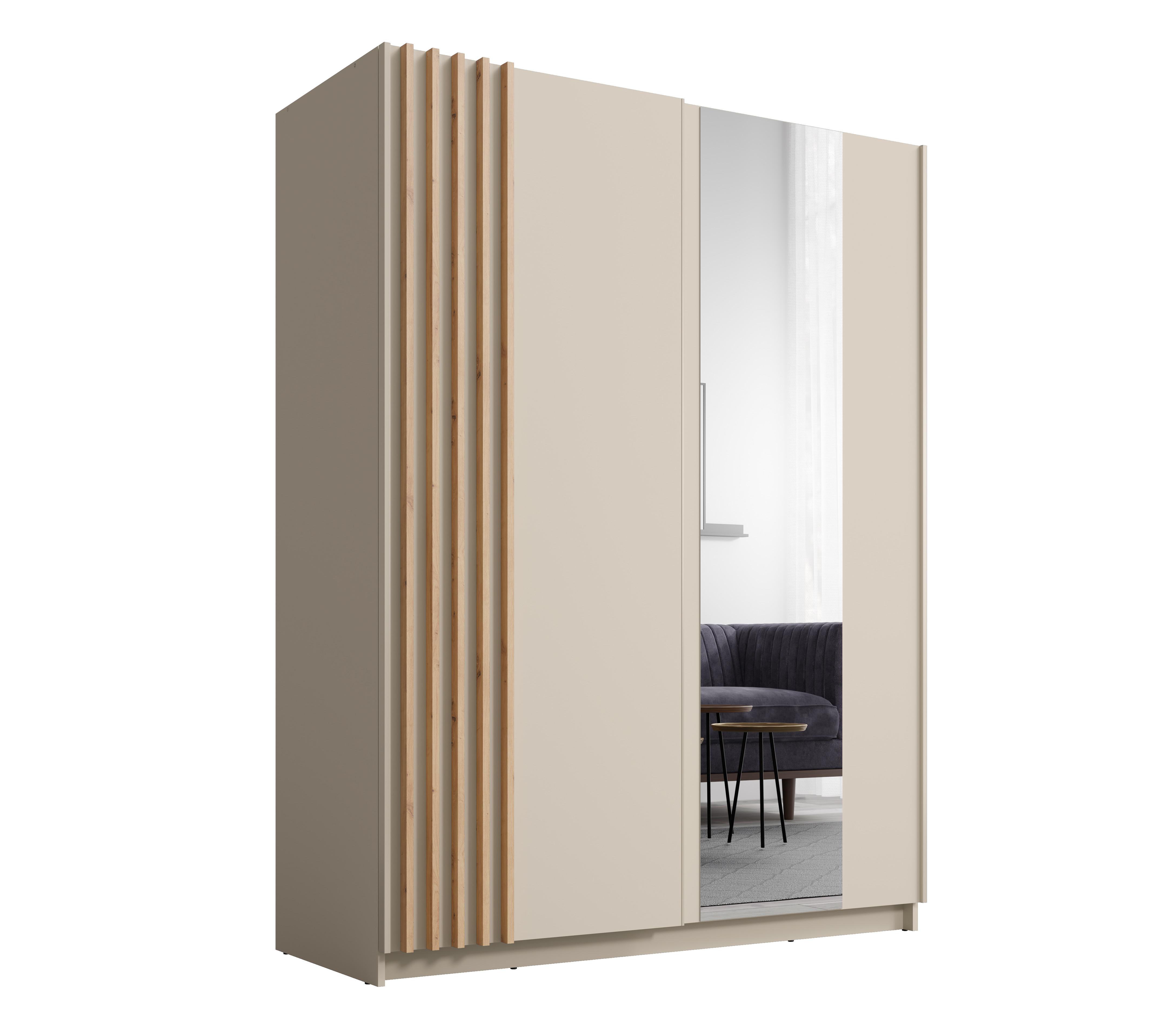 KLEIDERSCHRANK Beralto Beige 150/198,5/63,5 cm – mit Spiegel und Lamellenfront - Beige, Holzwerkstoff (150/198.5/63.5cm) - AX Living
