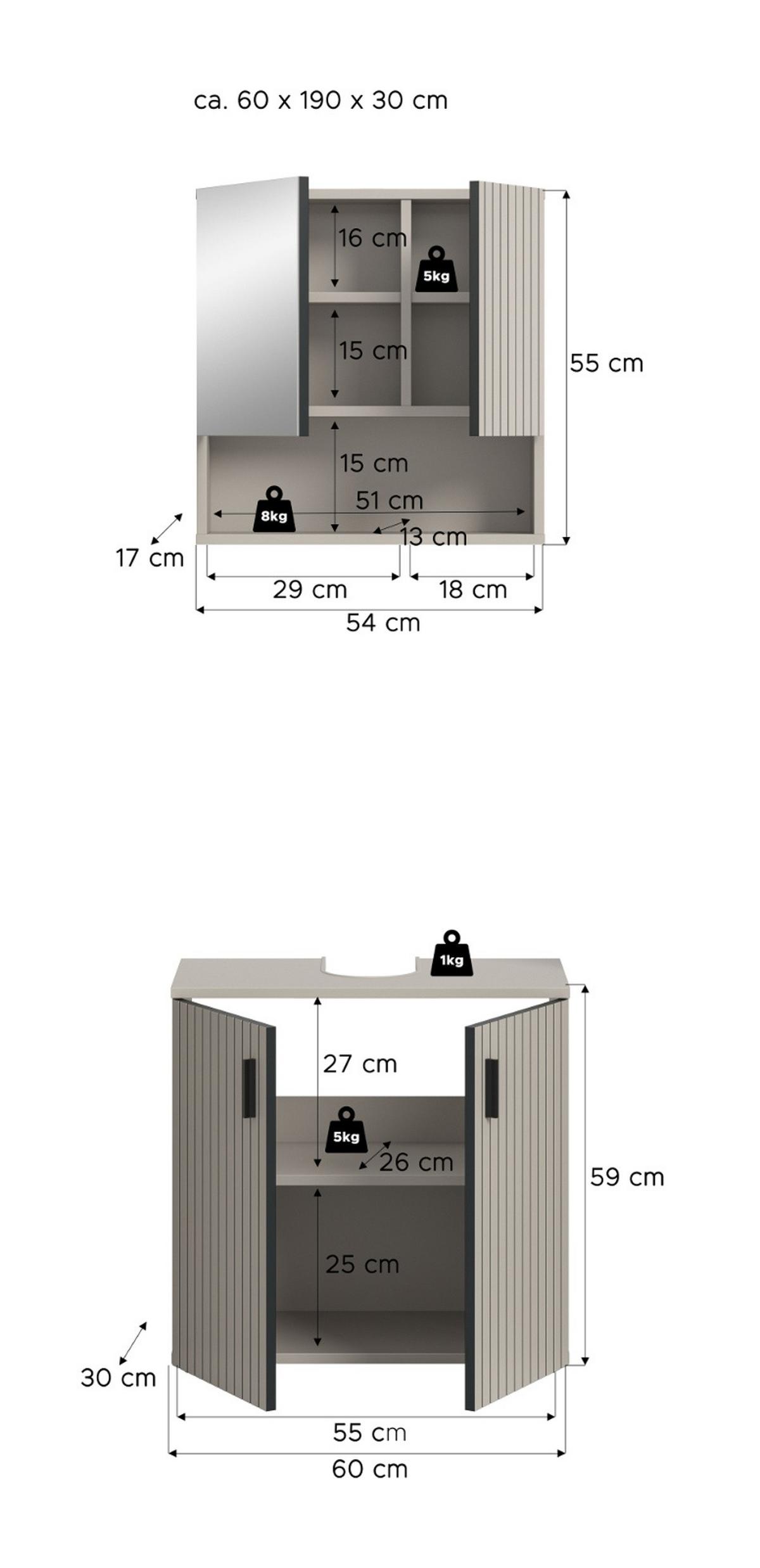 BADMÖBEL-SET Kaschmir 2-teilig 60 cm, Badkombination in modernem Design - Kaschmir/Schwarz, Glas/Holzwerkstoff (60/180/30cm) - Inn.Furn