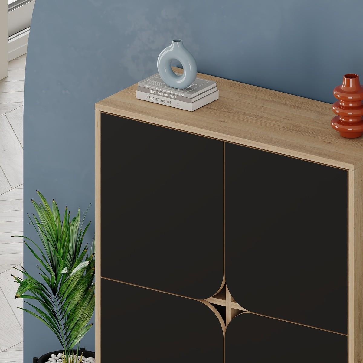 HIGHBOARD mit 4 Türen und Metallfüßen Flora - 90/38/120 cm - Schwarz, Holzwerkstoff (38/120/16cm) - Calicosy