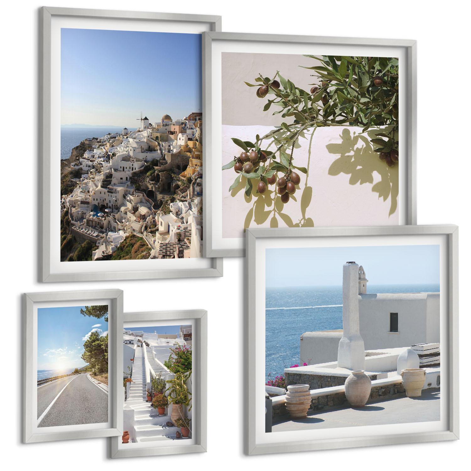 BILDER SET 5er Set - 50x50 cm & 20x30 cm & 40x60 cm Silberner Rahmen - Weiße Treppe mit Blick auf Santorini - Silberfarben, Kunststoff (40/60cm) - TULUP