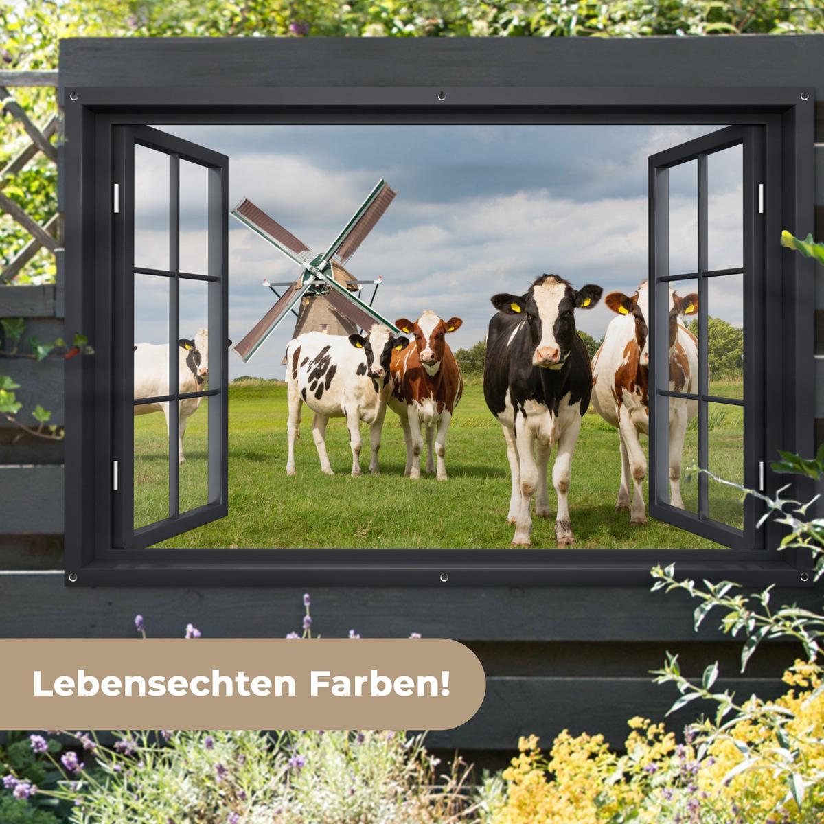 GARTENPOSTER Aussicht - Kuh - Mühle - Kühe - Wiese - Gras - Grün Poster für draußen 180x120 cm - Anthrazit, Kunststoff (180/120/0.2cm) - OnlyWow