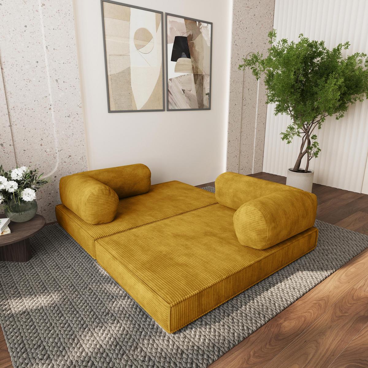 ECKSOFA ETERA modulares Boneless Sofa mit Schlaffunktion Gelb Cordstoff - Gelb, Textil (270/160cm) - MASSENO