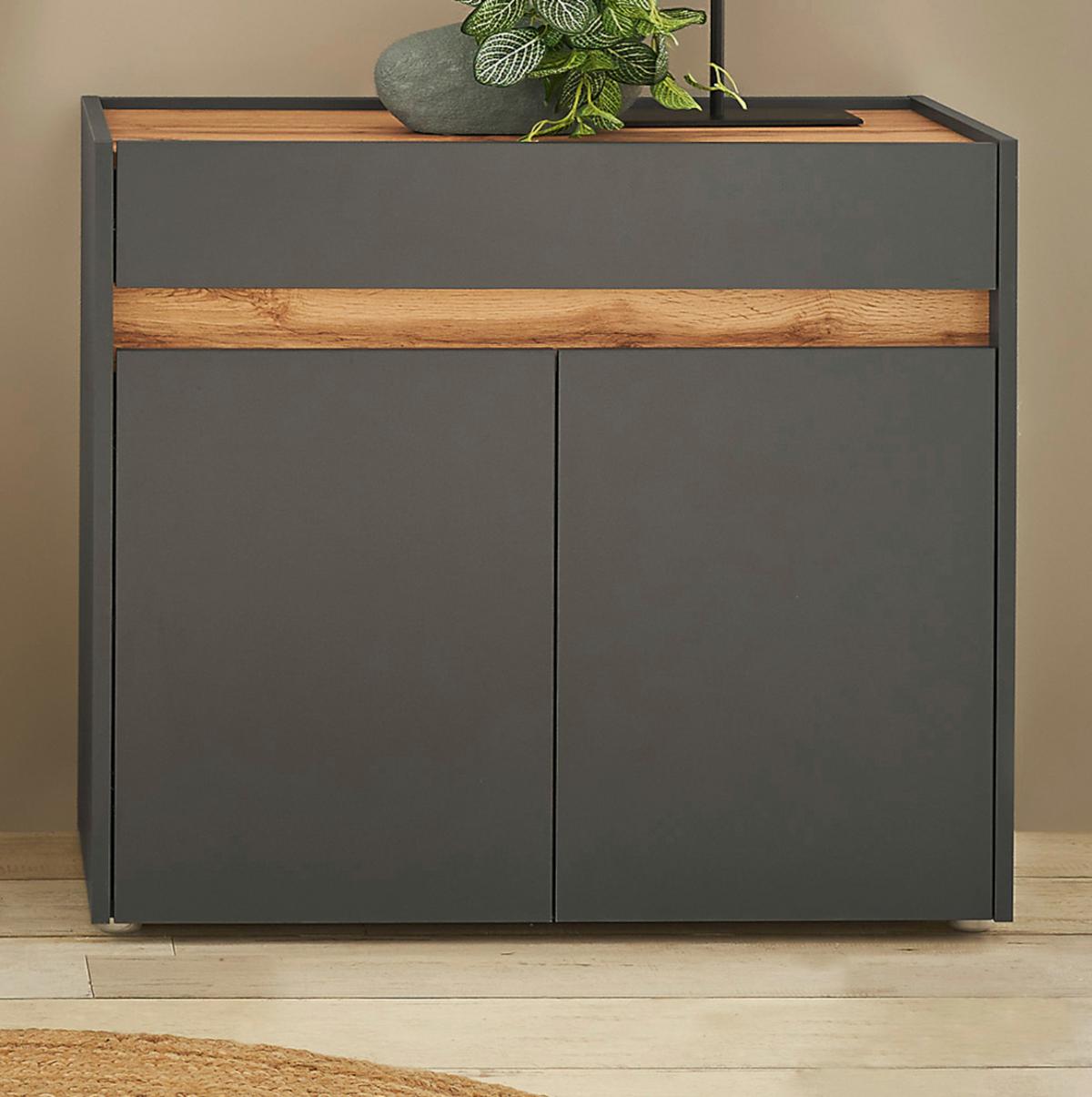 FLURKOMMODE grau matt, Eiche Wotan 80 cm, Schuhschrank mit Schubkästen - Eiche Wotan/Silberfarben, Holzwerkstoff/Kunststoff (80/70/40cm) - Furn.Design