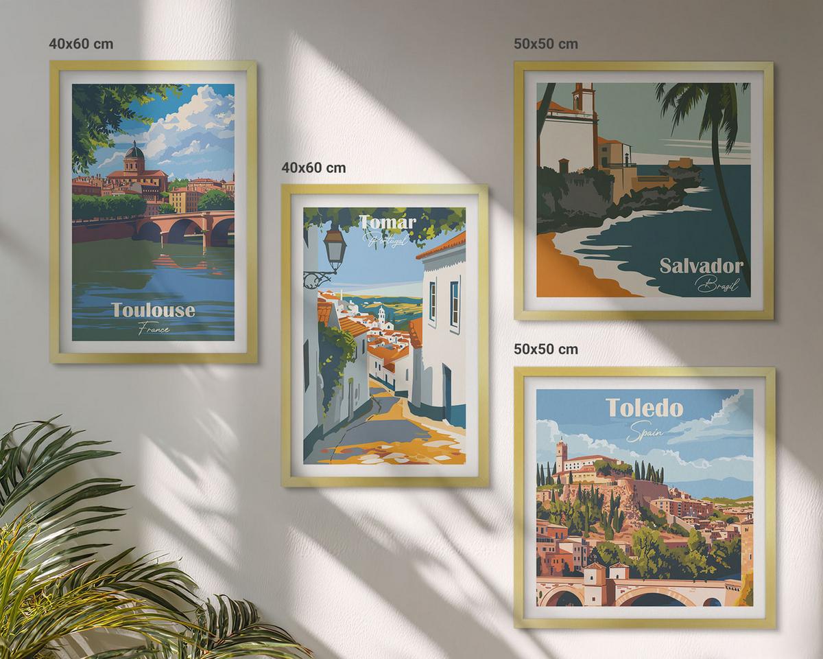 BILDER SET 4er Set - 50x50 cm & 40x60 cm Goldrahmen - Retro-Stadtgrafiken - Goldfarben, Kunststoff (50/50cm) - TULUP
