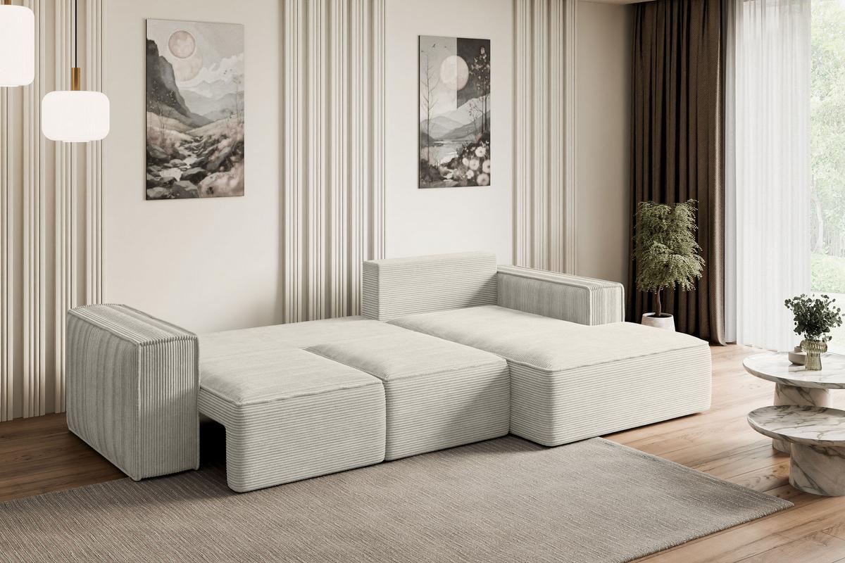 ECKSOFA mit Schlaffunktion und Bettkasten SERRA-L-S - 266x161x87 cm Creme Cord - Hellgrau/Creme, Holzwerkstoff/Kunststoff (266/161cm) - ALTDECOR