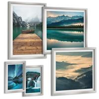 BILDER SET 5er Set - 50x50 cm & 20x30 cm & 40x60 cm Silberner Rahmen - Abstrakte Monstera-Palmenblätter - Silberfarben, Kunststoff (40/60cm) - TULUP