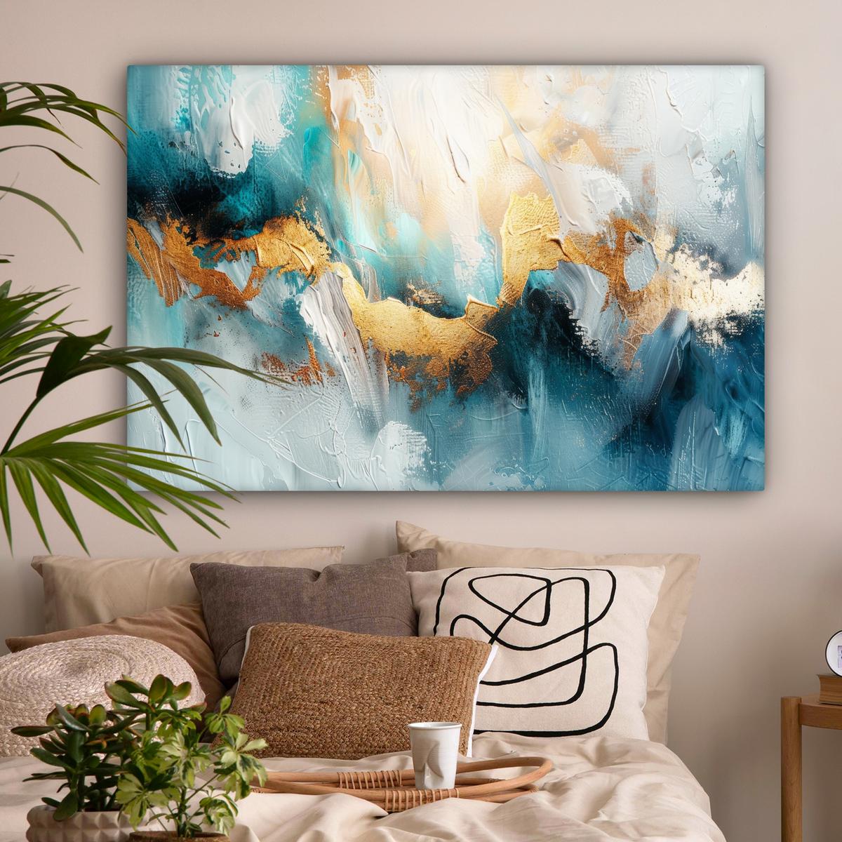 LEINWANDBILD Abstrakt - Kunst - Gold - Blau XXL 150x100 cm - Petrol, Textil (150/100cm) - MuchoWow