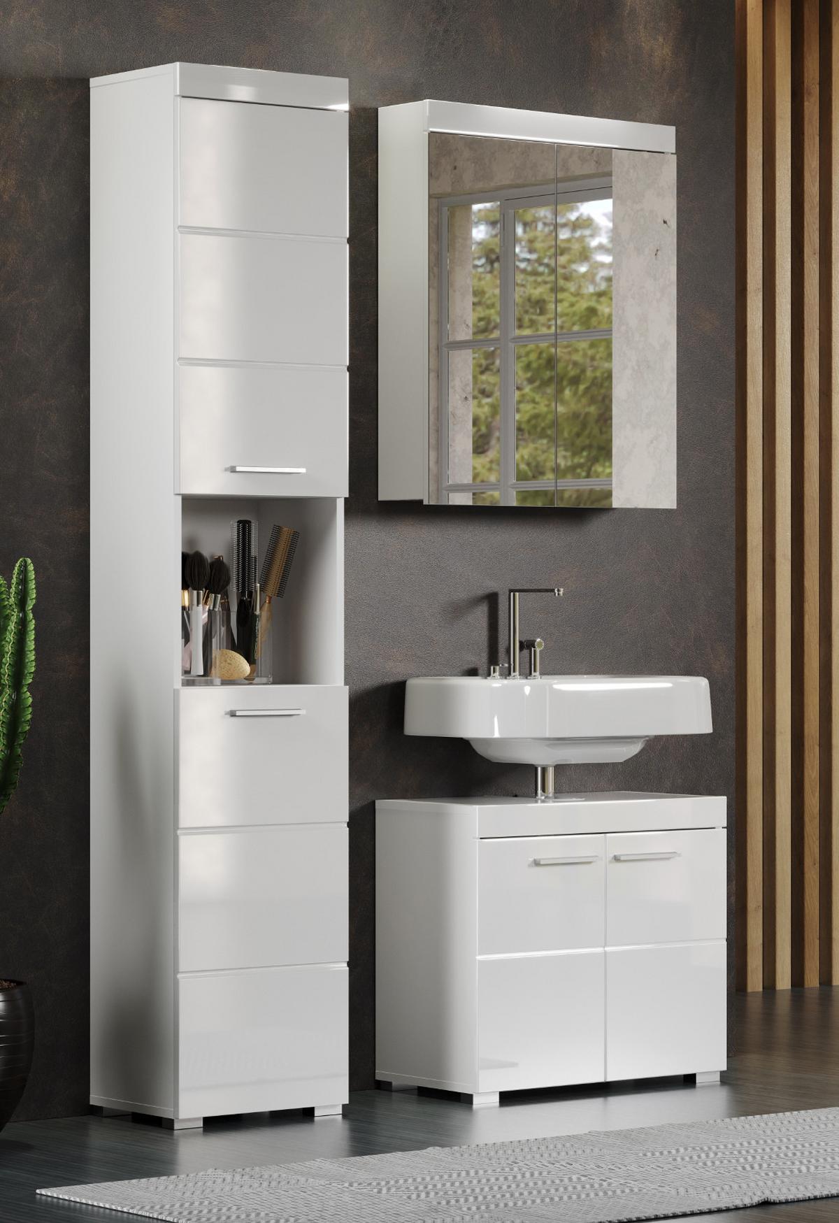 BADMÖBEL-SET weiß Hochglanz 3-teilig 112 x 190 cm, Badkombination mit viel Stauraum - Weiß, Glas/Holzwerkstoff (112/190/34cm) - Top.Furn