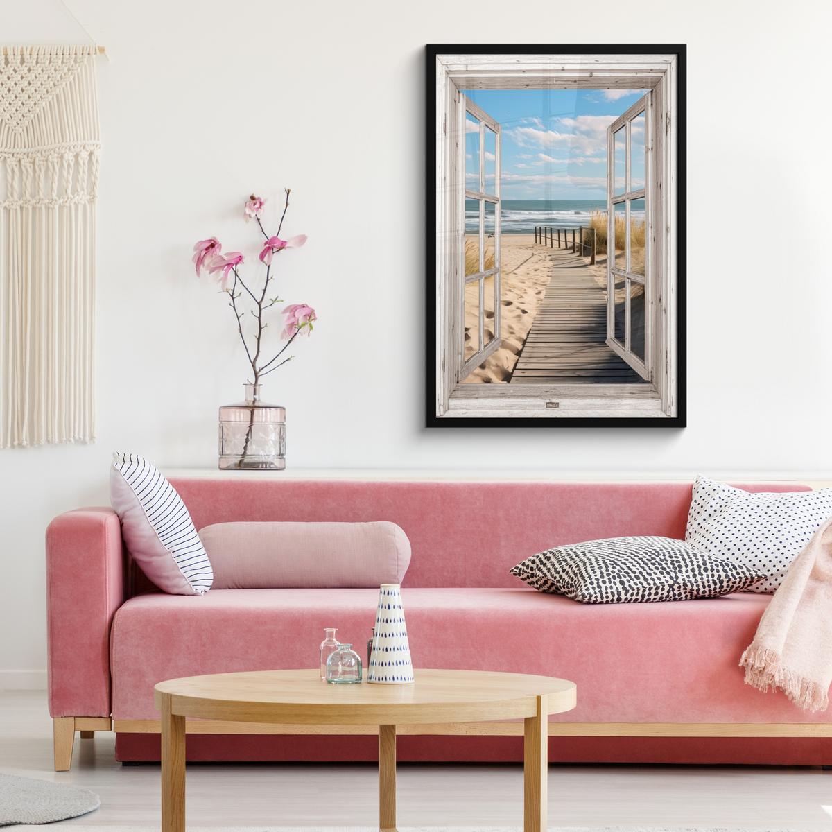 POSTER MIT RAHMENGERAHMTES BILD Fenster - Meer - Küste - Natur - Ausblick - Strand - Wattenmeer 60x90 cm - Beige, Papier (60/90cm) - MuchoWow
